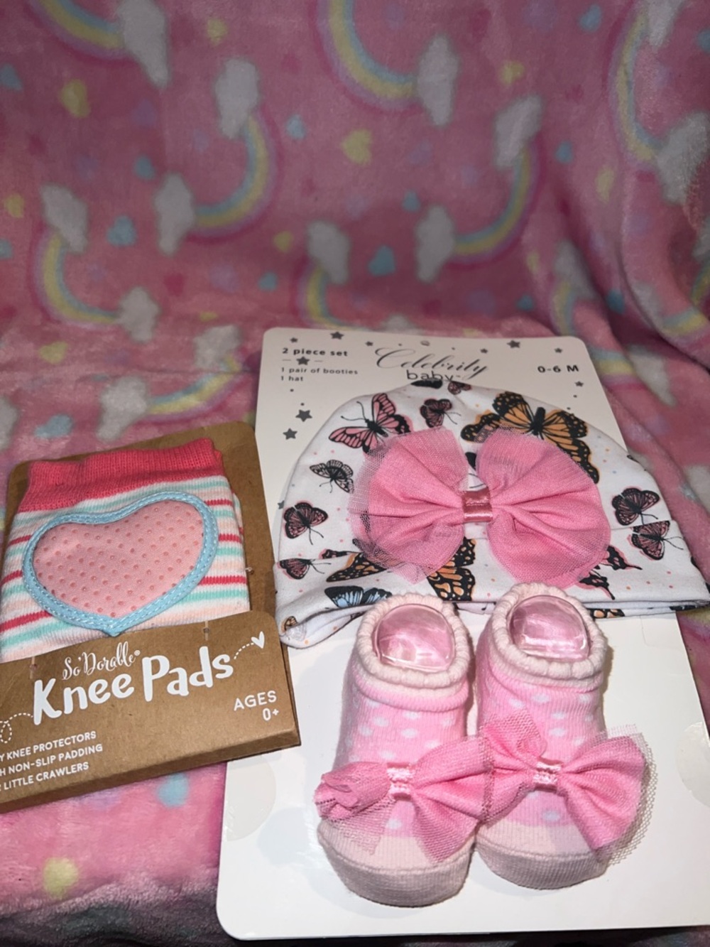 Pink Butterfly Hat & Sock Set with Pink Knee Pads